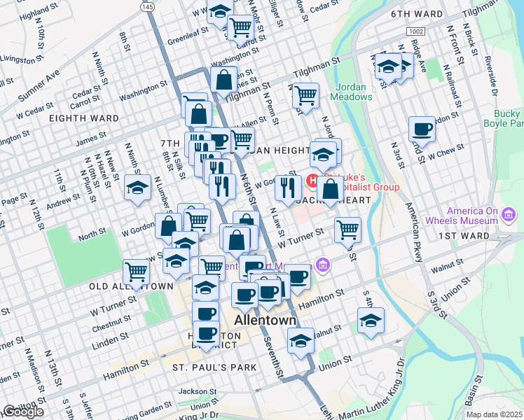 map of restaurants, bars, coffee shops, grocery stores, and more near 323 North Law Street in Allentown