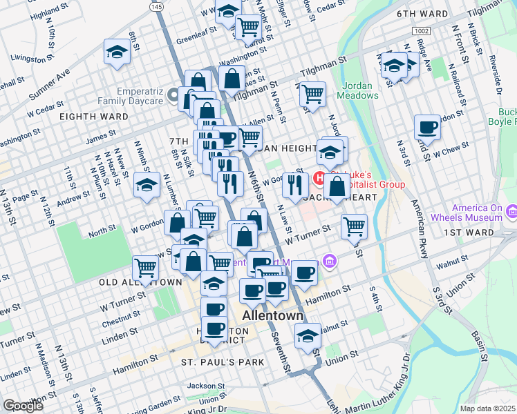 map of restaurants, bars, coffee shops, grocery stores, and more near 338 North 6th Street in Allentown