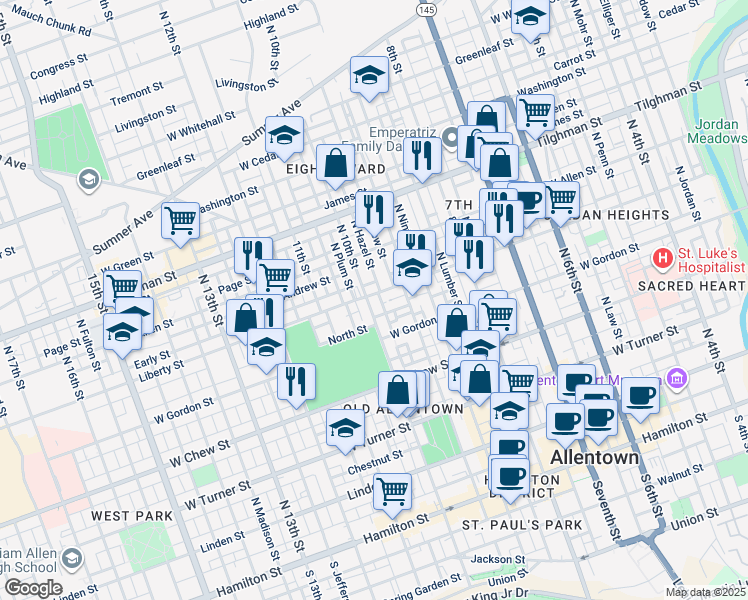 map of restaurants, bars, coffee shops, grocery stores, and more near 520 North 10th Street in Allentown