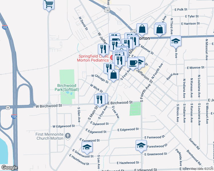 map of restaurants, bars, coffee shops, grocery stores, and more near 113 West Chicago Street in Morton