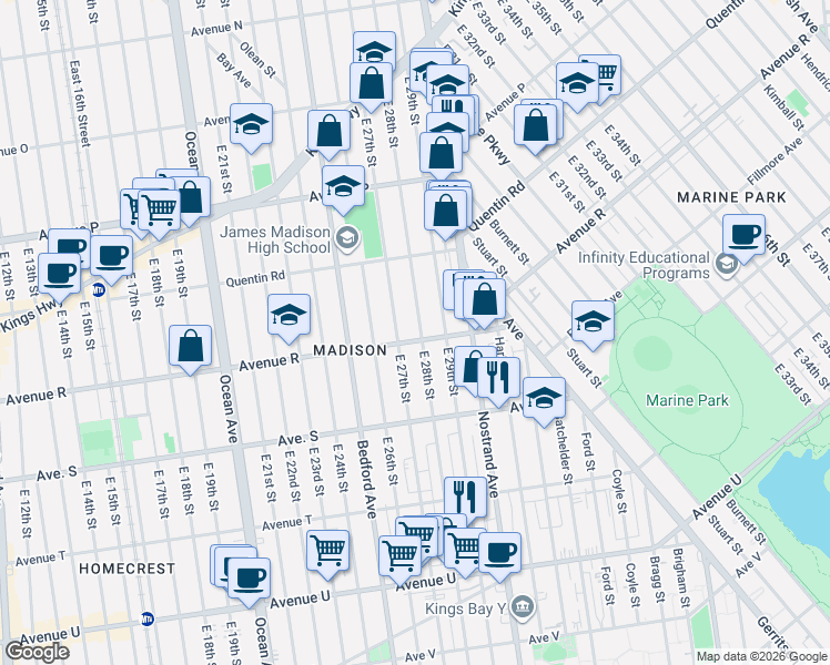 map of restaurants, bars, coffee shops, grocery stores, and more near 1766 East 28th Street in Brooklyn