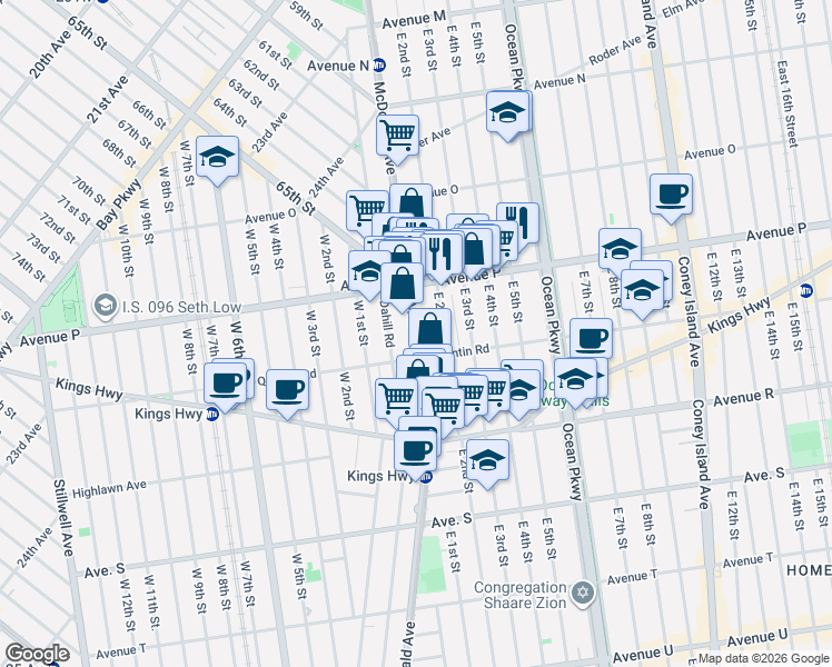 map of restaurants, bars, coffee shops, grocery stores, and more near 1845 McDonald Avenue in Brooklyn