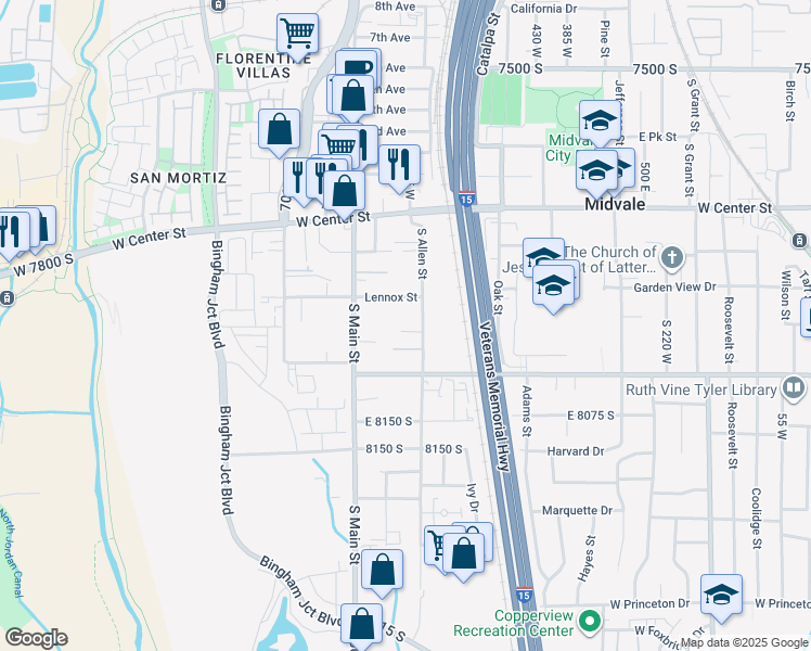 map of restaurants, bars, coffee shops, grocery stores, and more near 653 Lennox Street in Midvale