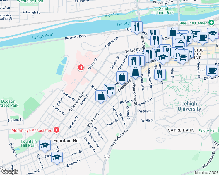 map of restaurants, bars, coffee shops, grocery stores, and more near 723 Cherokee Street in Bethlehem