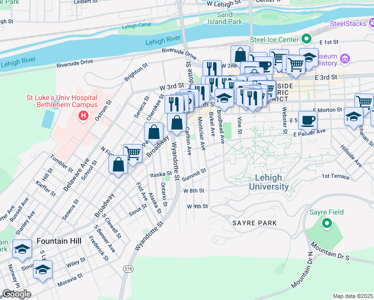 map of restaurants, bars, coffee shops, grocery stores, and more near 462 Carlton Avenue in Bethlehem