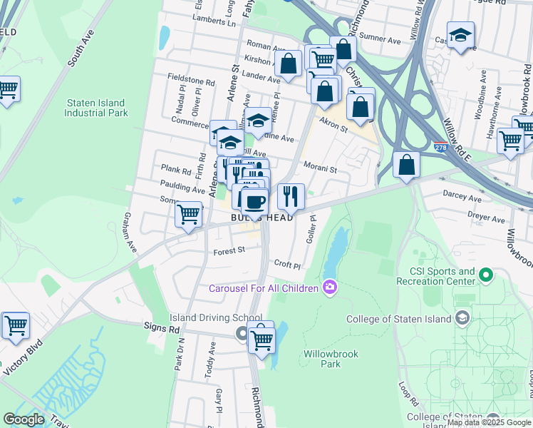 map of restaurants, bars, coffee shops, grocery stores, and more near 1641 Richmond Avenue in Staten Island