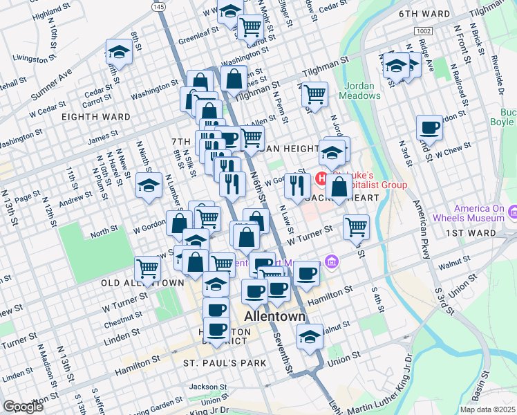 map of restaurants, bars, coffee shops, grocery stores, and more near 338 North 6th Street in Allentown