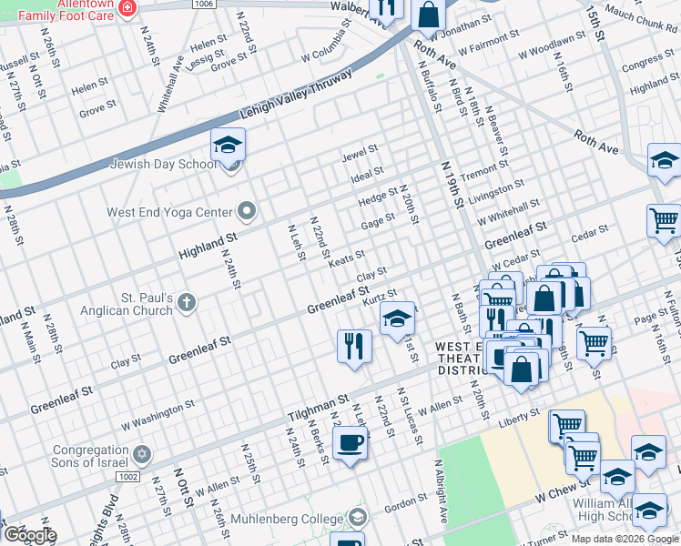 map of restaurants, bars, coffee shops, grocery stores, and more near 2130 Livingston Street in Allentown