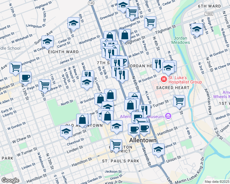map of restaurants, bars, coffee shops, grocery stores, and more near 726 West Gordon Street in Allentown