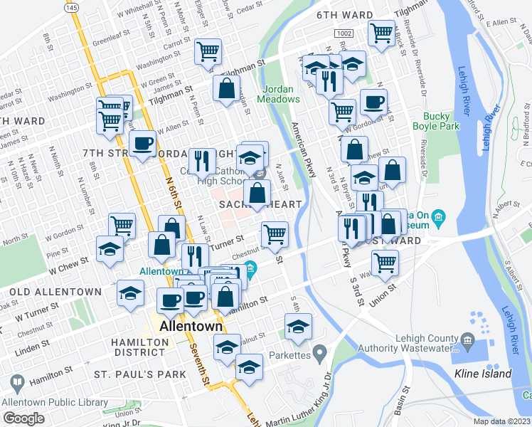 map of restaurants, bars, coffee shops, grocery stores, and more near 221 North 4th Street in Allentown