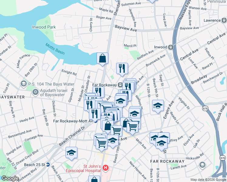map of restaurants, bars, coffee shops, grocery stores, and more near 20-50 Nameoke Street in Queens