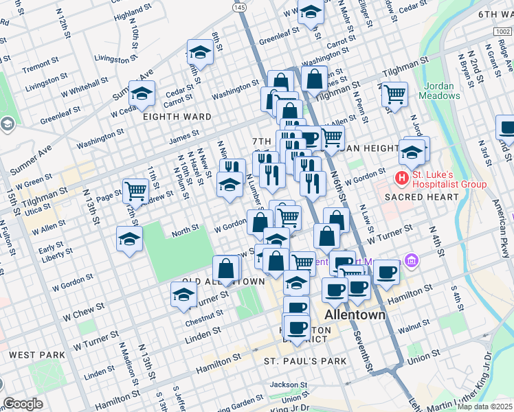 map of restaurants, bars, coffee shops, grocery stores, and more near 414 North Lumber Street in Allentown