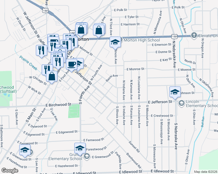map of restaurants, bars, coffee shops, grocery stores, and more near 132 Rassi Avenue in Morton
