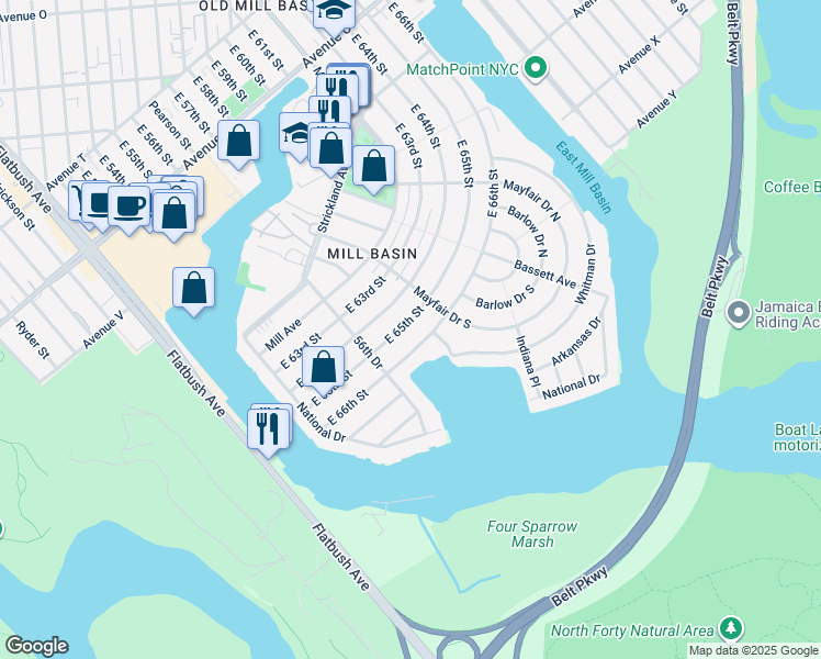map of restaurants, bars, coffee shops, grocery stores, and more near 2633 East 65th Street in Brooklyn