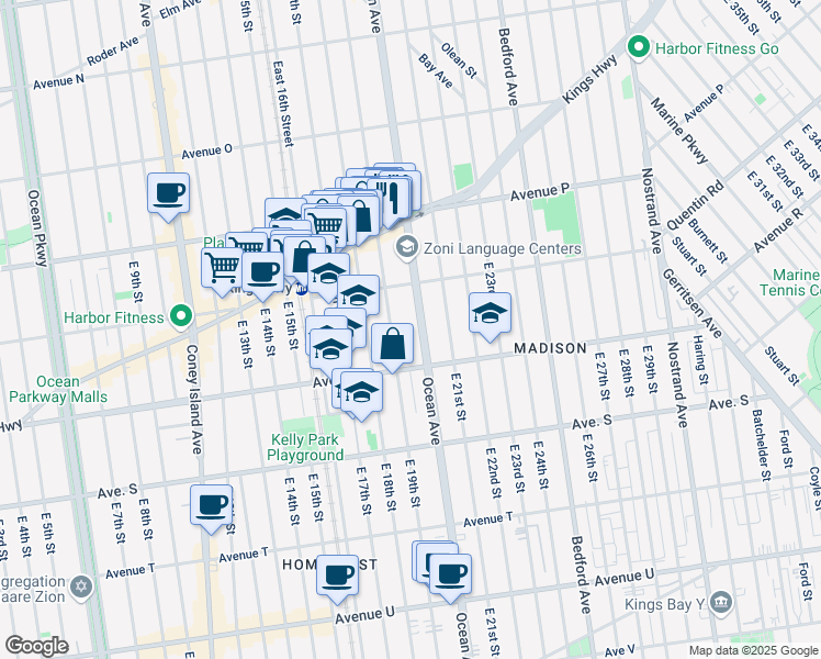 map of restaurants, bars, coffee shops, grocery stores, and more near 2205 Ocean Avenue in Brooklyn