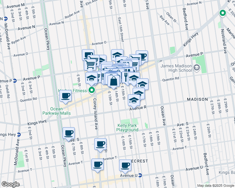 map of restaurants, bars, coffee shops, grocery stores, and more near 1703 East 14th Street in Brooklyn