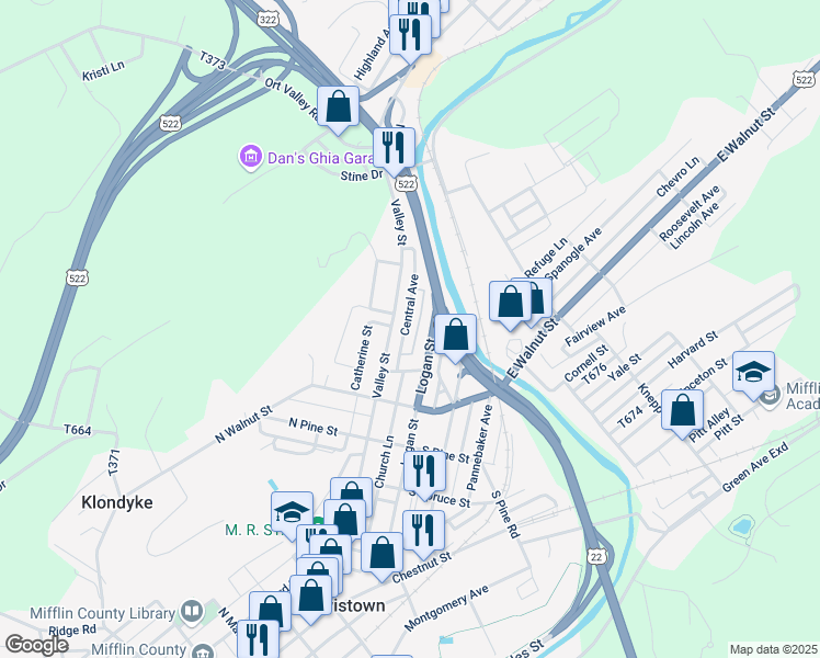 map of restaurants, bars, coffee shops, grocery stores, and more near 62 Central Avenue in Lewistown