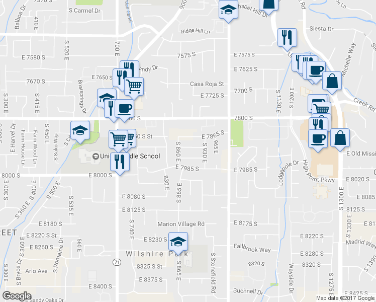 map of restaurants, bars, coffee shops, grocery stores, and more near 882 East 7905 South in Sandy