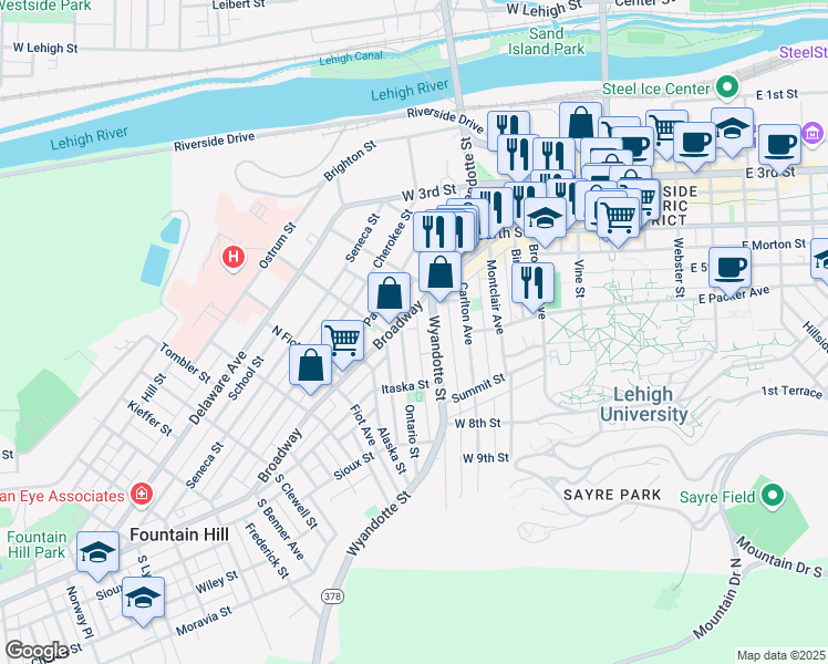 map of restaurants, bars, coffee shops, grocery stores, and more near 520 Pennsylvania 378 in Bethlehem