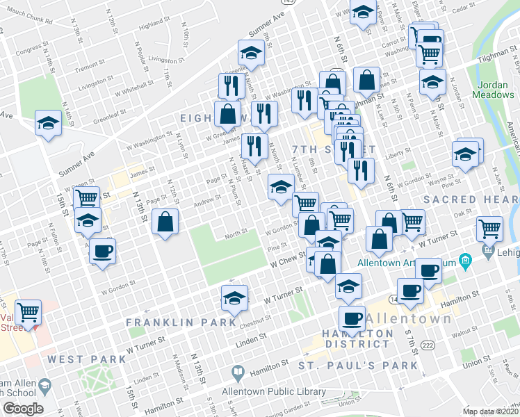 map of restaurants, bars, coffee shops, grocery stores, and more near 952 Liberty Street in Allentown
