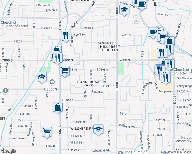 map of restaurants, bars, coffee shops, grocery stores, and more near 882 East 7905 South in Sandy