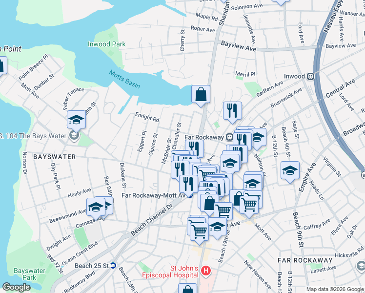 map of restaurants, bars, coffee shops, grocery stores, and more near 13-73 Pinson Street in Queens