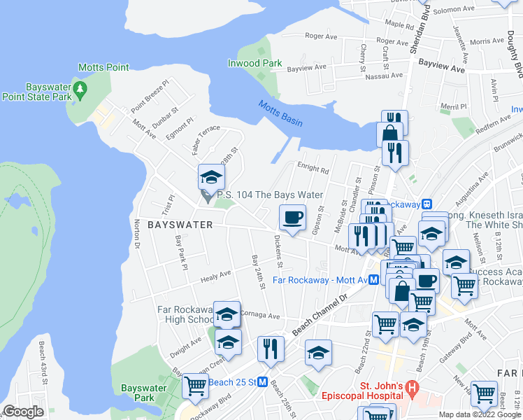 map of restaurants, bars, coffee shops, grocery stores, and more near 13-36 Bay 24th Street in Queens