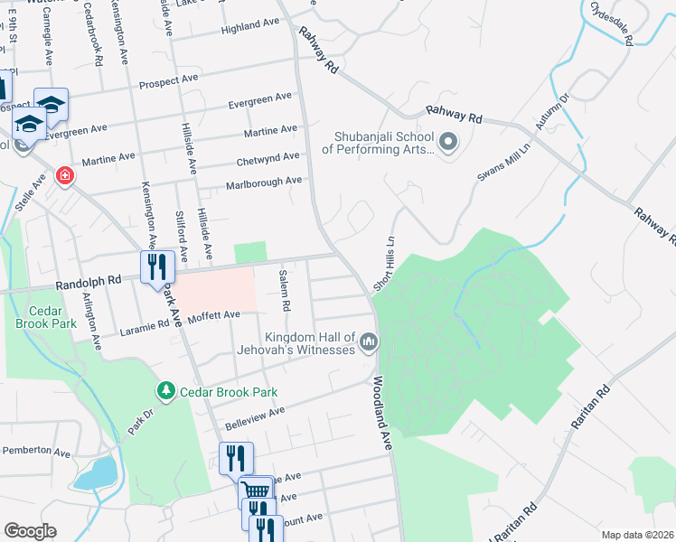 map of restaurants, bars, coffee shops, grocery stores, and more near 1200-10 Woodland Avenue in Plainfield
