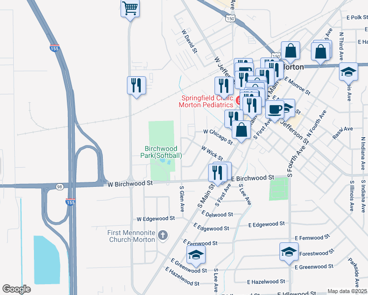 map of restaurants, bars, coffee shops, grocery stores, and more near 501 South Glen Avenue in Morton