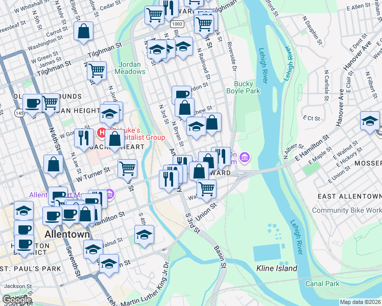 map of restaurants, bars, coffee shops, grocery stores, and more near 137 North 2nd Street in Allentown