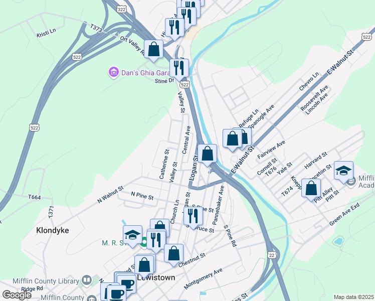 map of restaurants, bars, coffee shops, grocery stores, and more near 62 Central Avenue in Lewistown