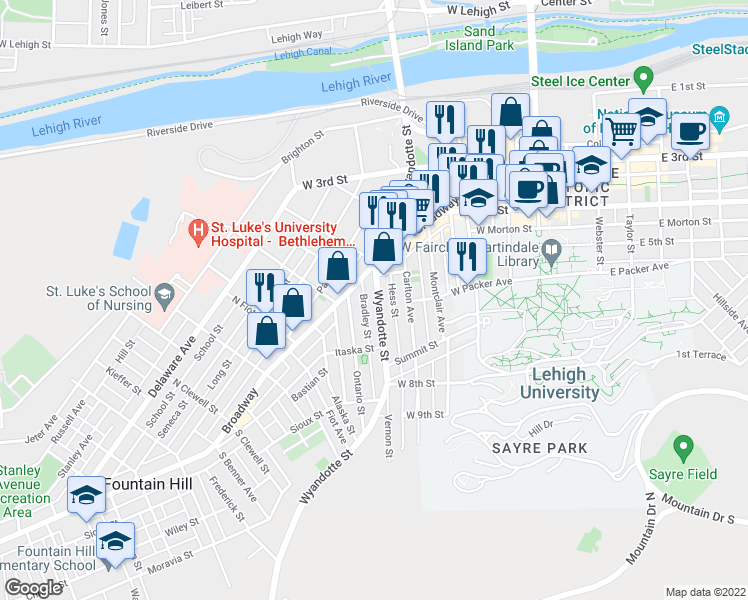 map of restaurants, bars, coffee shops, grocery stores, and more near 536 Wyandotte Street in Bethlehem