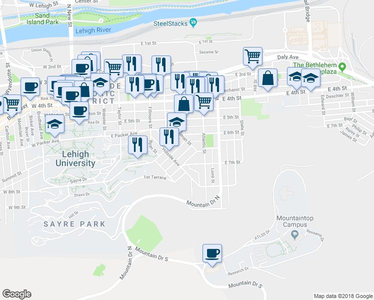 map of restaurants, bars, coffee shops, grocery stores, and more near 539 Selfridge Street in Bethlehem
