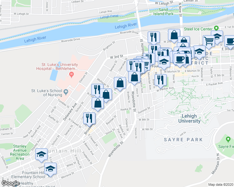 map of restaurants, bars, coffee shops, grocery stores, and more near 514 Mohican Street in Bethlehem