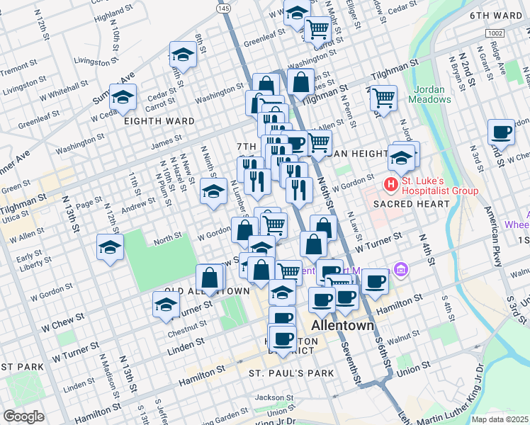 map of restaurants, bars, coffee shops, grocery stores, and more near 415 North Hall Street in Allentown