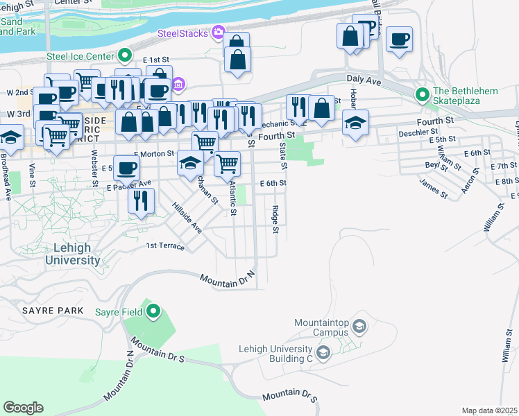 map of restaurants, bars, coffee shops, grocery stores, and more near 628 Hayes Street in Bethlehem