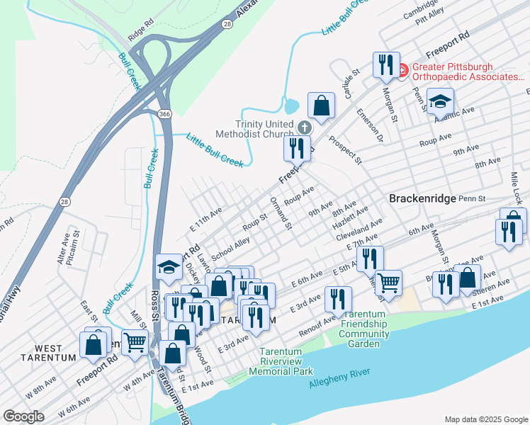 map of restaurants, bars, coffee shops, grocery stores, and more near 638 East 10th Avenue in Tarentum