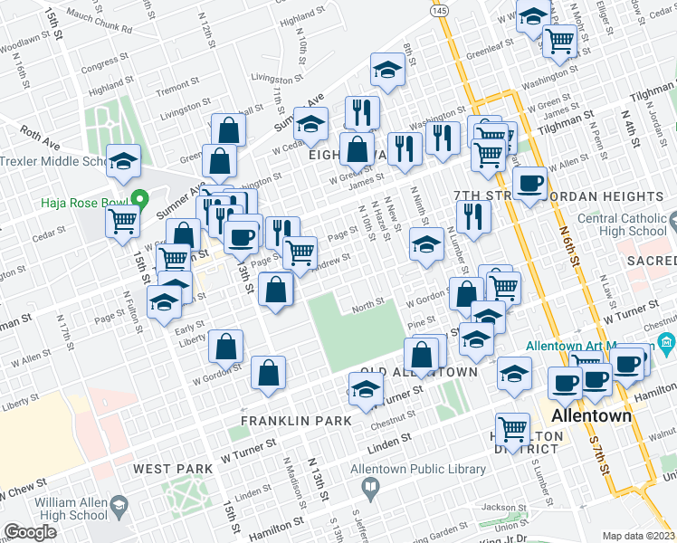 map of restaurants, bars, coffee shops, grocery stores, and more near 514 North 11th Street in Allentown