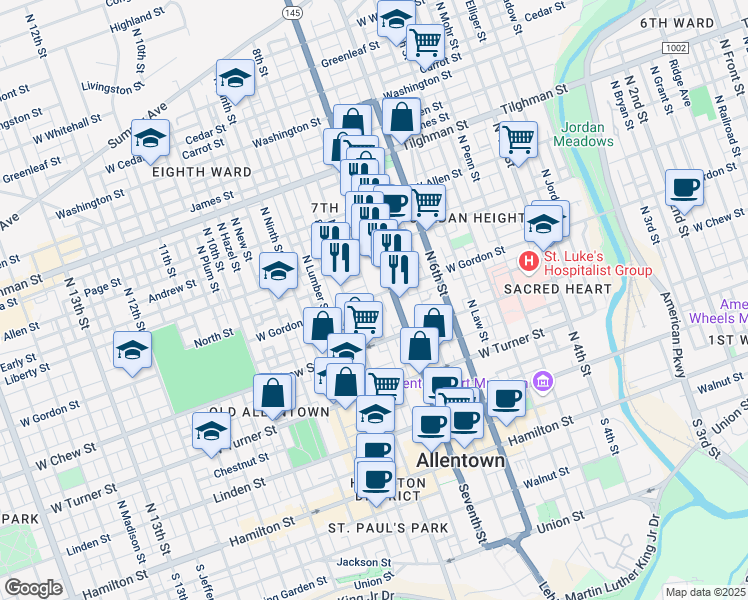 map of restaurants, bars, coffee shops, grocery stores, and more near 724 West Gordon Street in Allentown