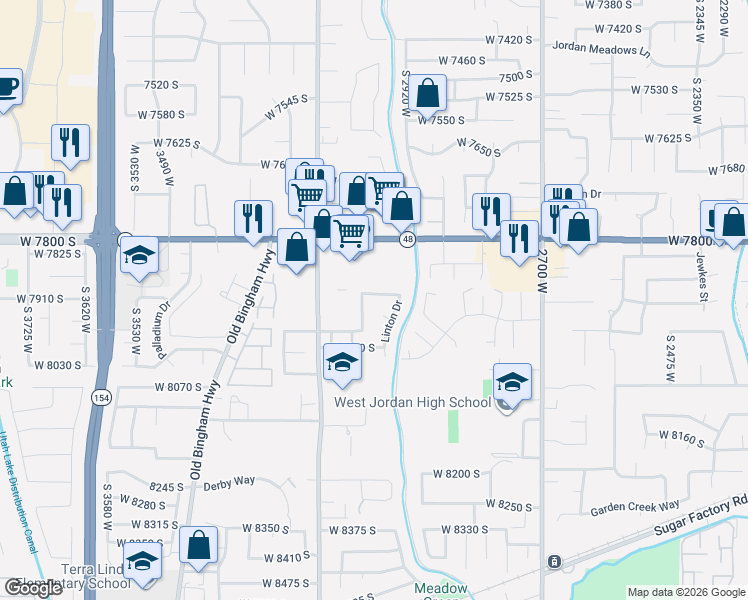 map of restaurants, bars, coffee shops, grocery stores, and more near 3042 Linton Drive in West Jordan