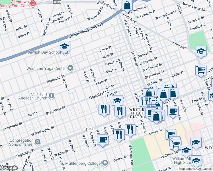 map of restaurants, bars, coffee shops, grocery stores, and more near 917 North Saint Lucas Street in Allentown