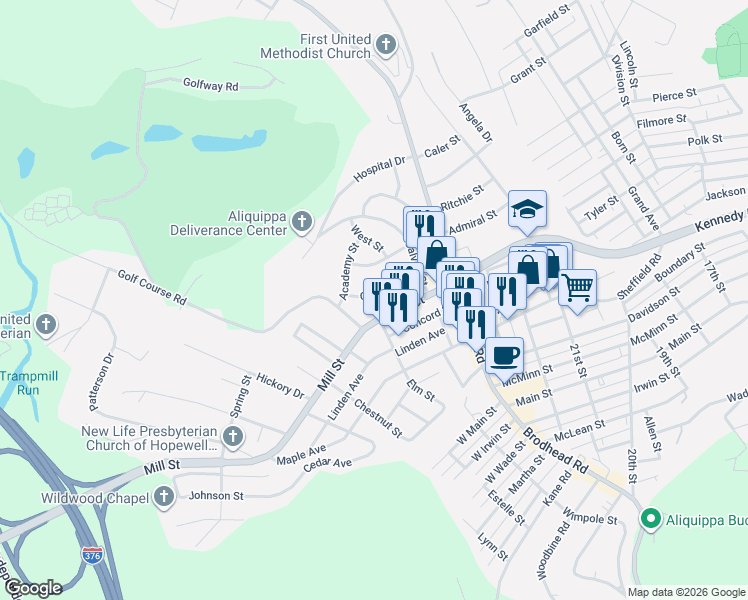 map of restaurants, bars, coffee shops, grocery stores, and more near 2368 Carmel Street in Aliquippa