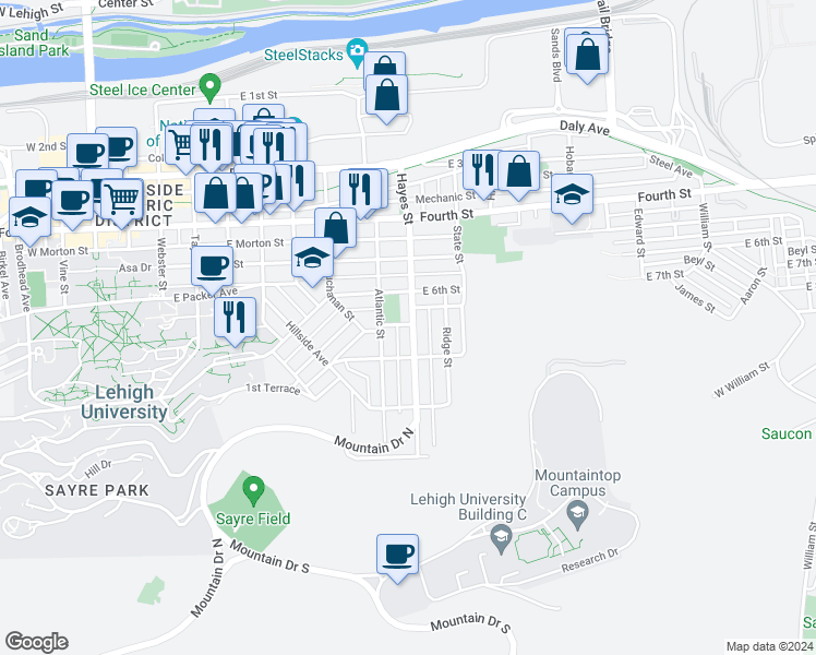 map of restaurants, bars, coffee shops, grocery stores, and more near 648 Hayes Street in Bethlehem