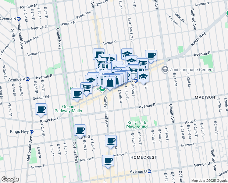 map of restaurants, bars, coffee shops, grocery stores, and more near 1209 Quentin Road in Brooklyn