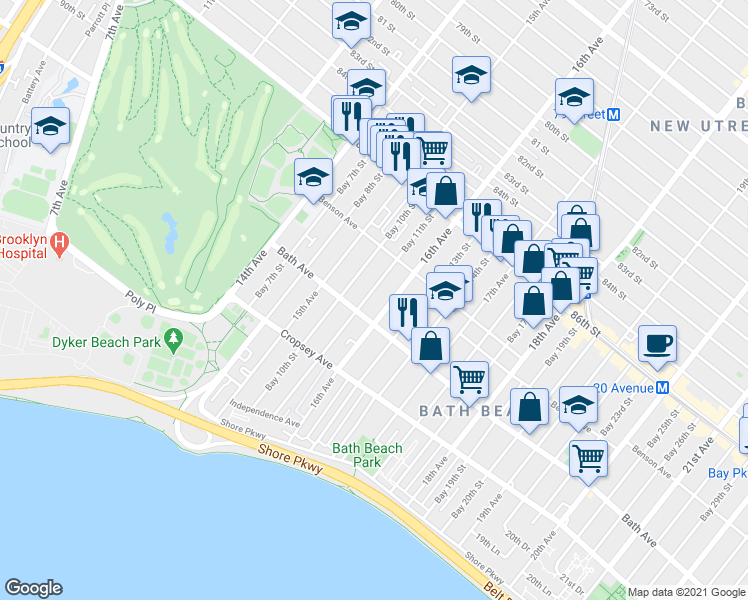 map of restaurants, bars, coffee shops, grocery stores, and more near 141 Bay 10th Street in Brooklyn