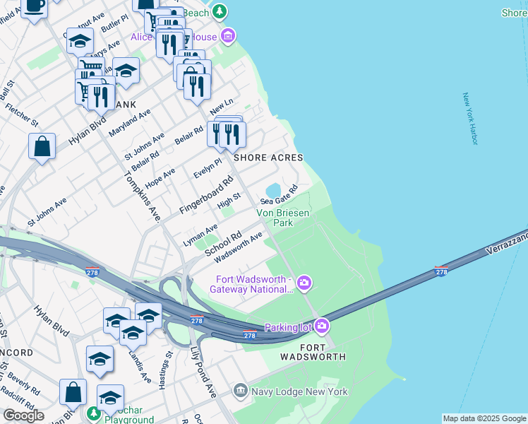 map of restaurants, bars, coffee shops, grocery stores, and more near 1477 Bay Street in Staten Island