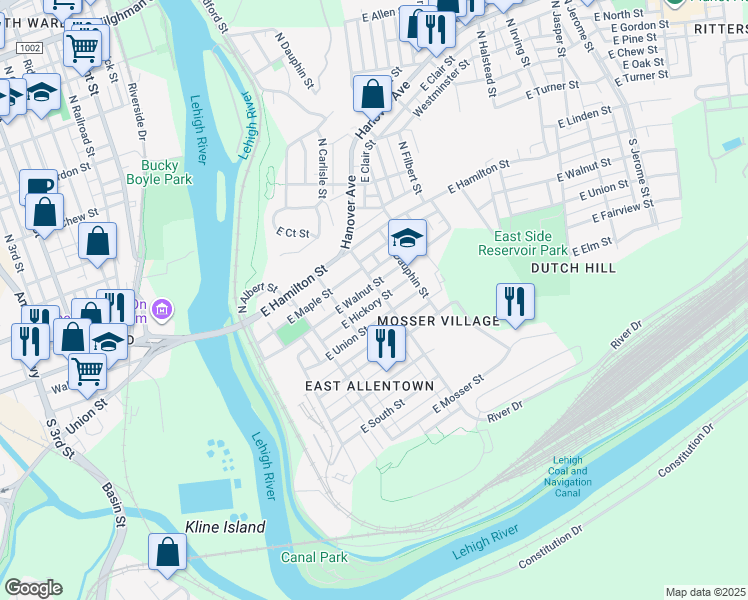 map of restaurants, bars, coffee shops, grocery stores, and more near 306 East Walnut Street in Allentown