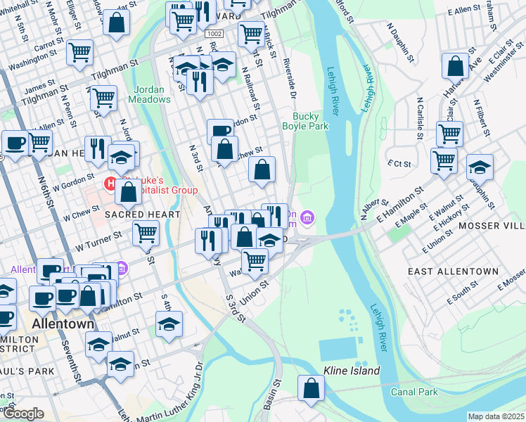 map of restaurants, bars, coffee shops, grocery stores, and more near 122 Ridge Avenue in Allentown