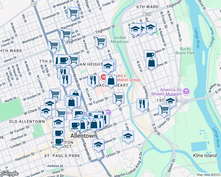 map of restaurants, bars, coffee shops, grocery stores, and more near 421 West Chew Street in Allentown