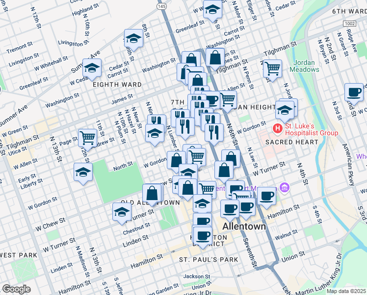map of restaurants, bars, coffee shops, grocery stores, and more near 430 North Refwal Street in Allentown